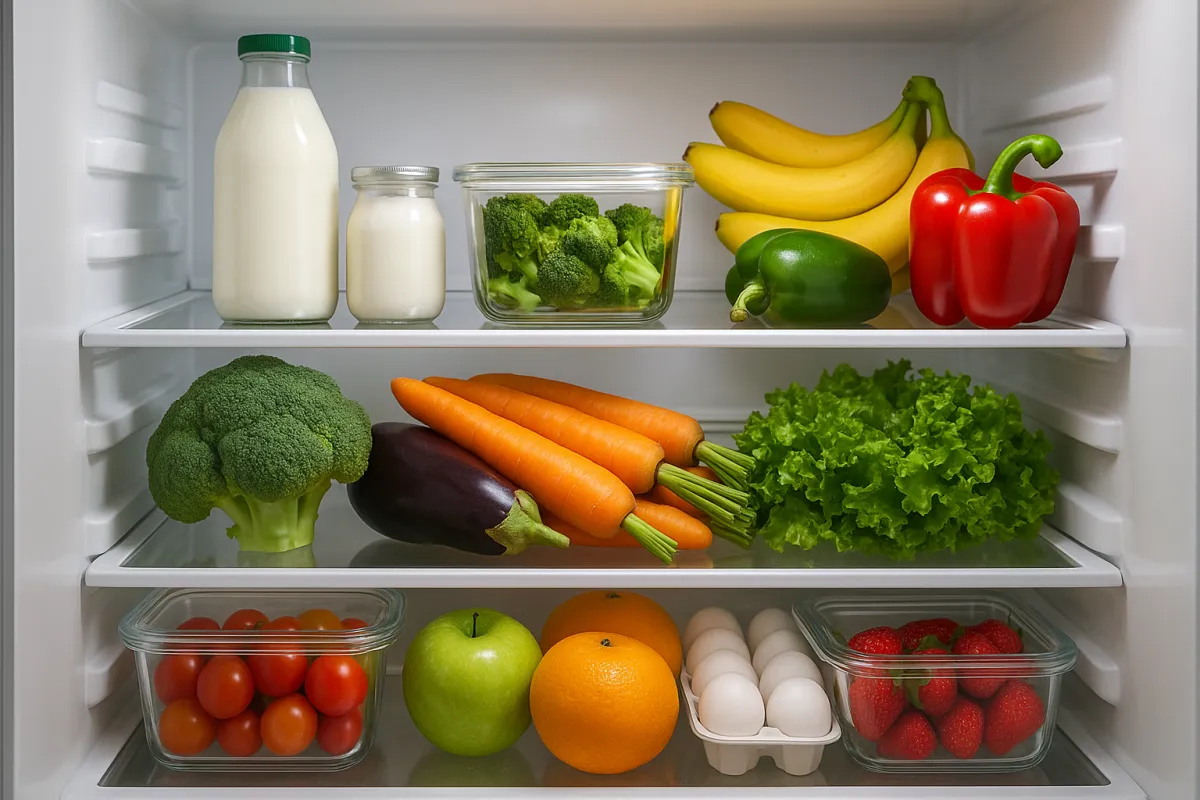 Interior frigider bine organizat cu alimente proaspete